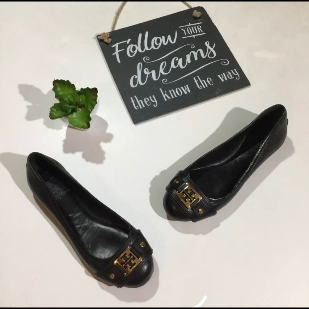 TORY BURCH Black Leather Logo Ballet Flats - US 8